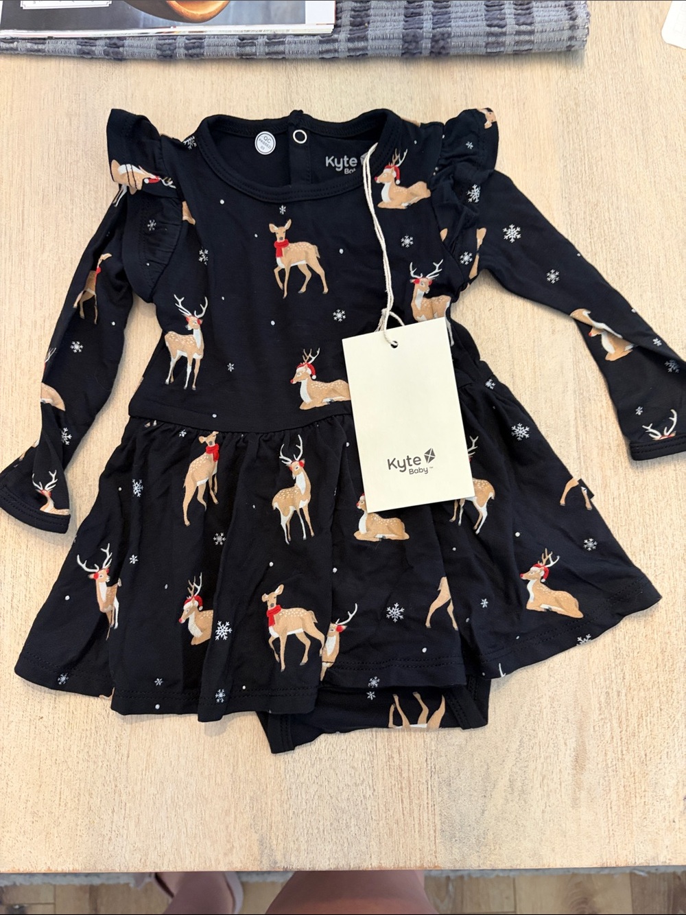 Kyte NWT 3-6m Black Reindeer Print Long-Sleeve Dress with Ruffle detail